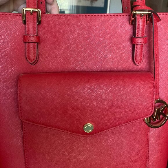 Michael Kors Bright Red Jet Set Front Pocket w/ Flap Closure Leather Tote - Picture 5 of 14